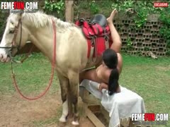 In an attempt to get some horse inches down her love holes, a busty lady